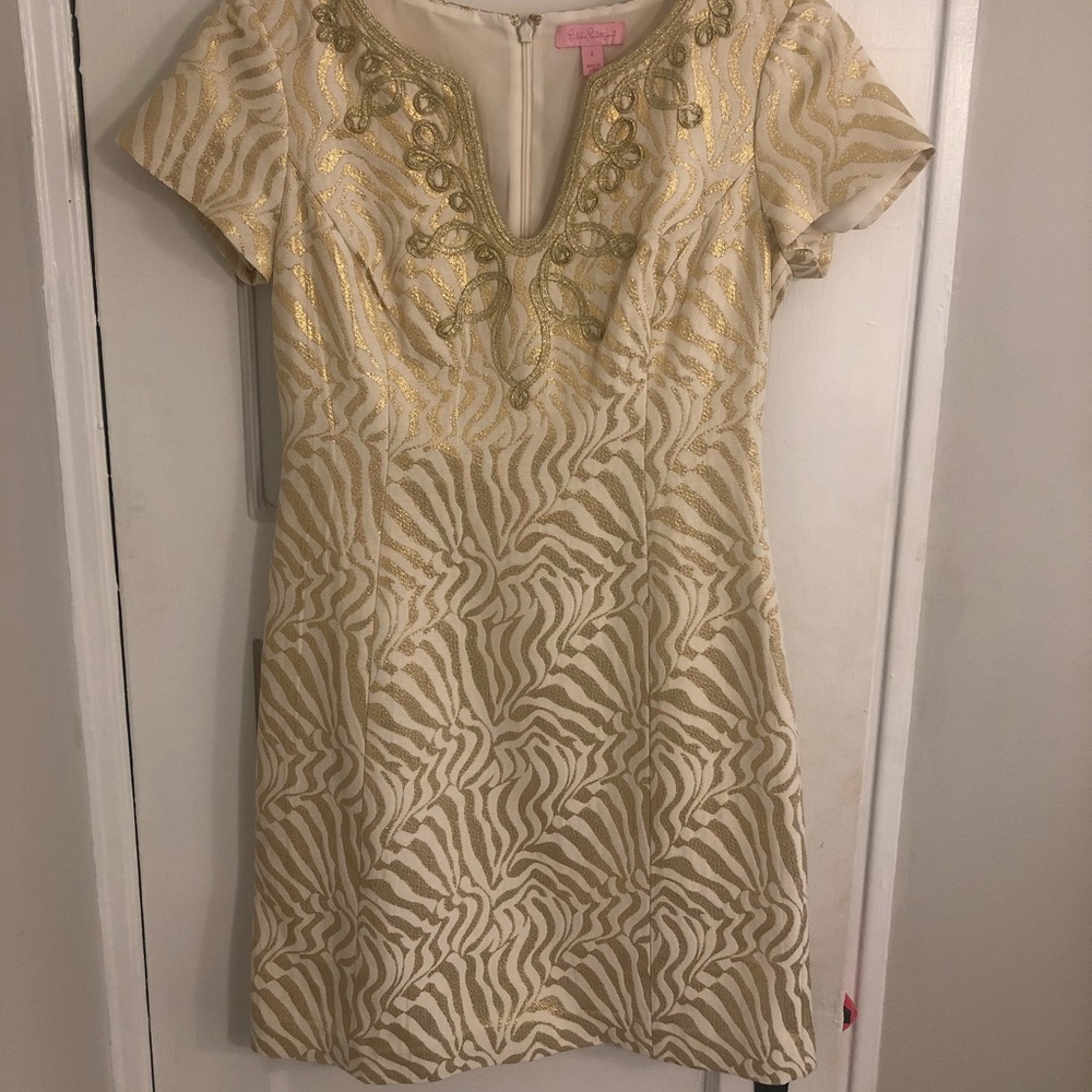 COPY - Lilly Pulitzer Milannia Shift Gold Metallic Strip Dress - size 2